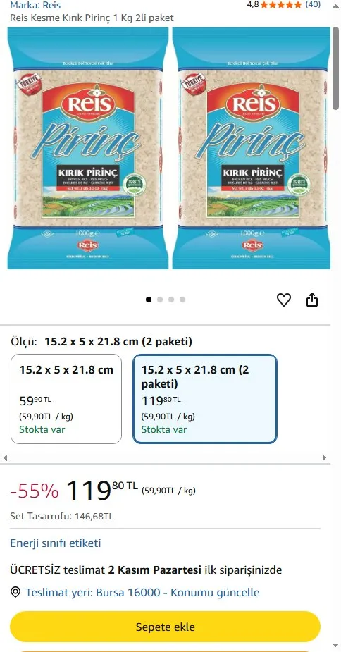 Reis Kesme Kırık Pirinç 1 Kg 2li paket