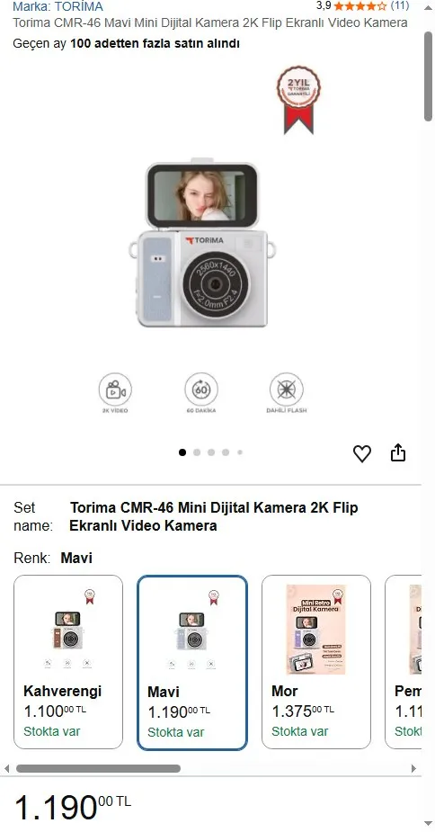 Torima CMR-46 Mavi Mini Dijital Kamera 2K Flip Ekranlı Video Kamera