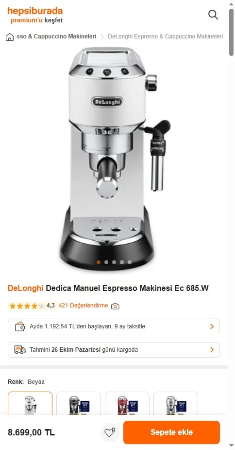 DeLonghi Dedica Manuel Espresso Makinesi Ec 685.W