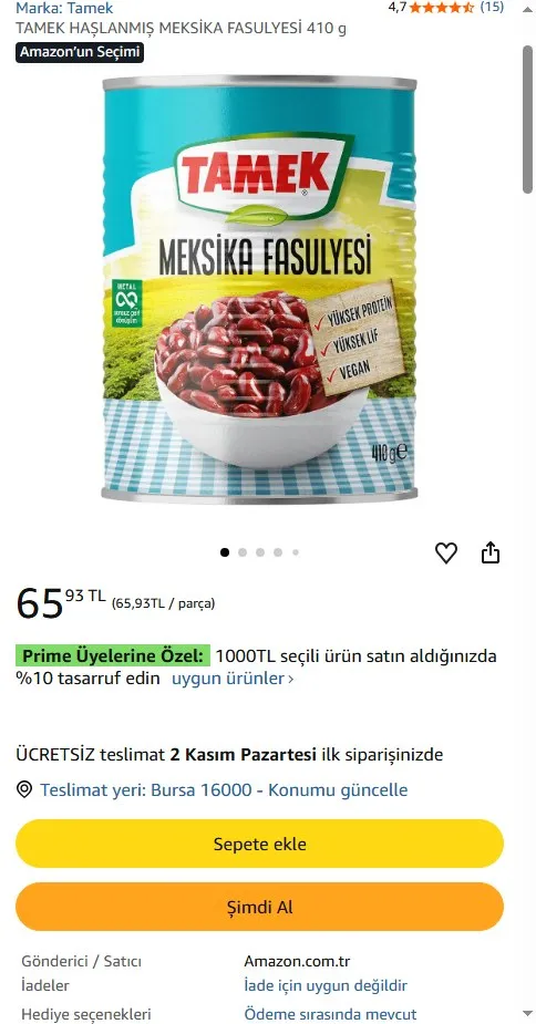 TAMEK HAŞLANMIŞ MEKSİKA FASULYESİ 410 g