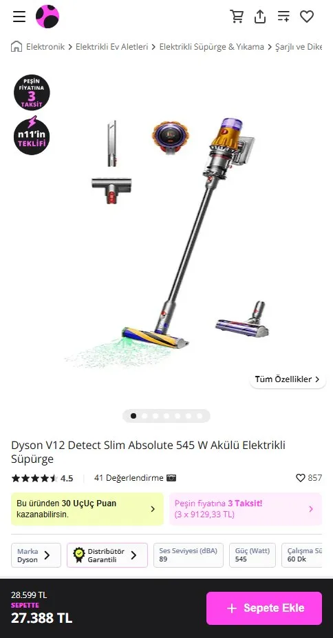 Dyson V12 Detect Slim Absolute 545 W Akülü Elektrikli Süpürge
