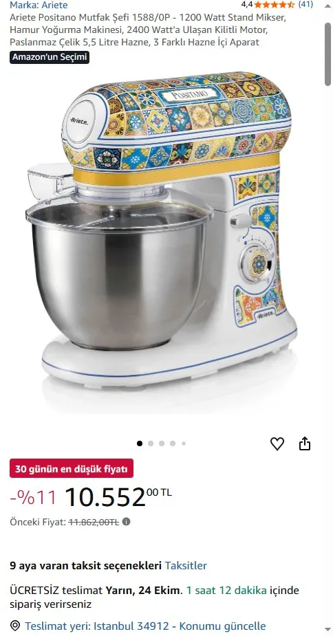 Ariete Positano Mutfak Şefi 1588/0P - 1200 Watt Stand Mikser, Hamur Yoğurma Makinesi, 2400 Watt'a Ulaşan Kilitli Motor, Paslanmaz Çelik 5,5 Litre Hazne, 3 Farklı Hazne İçi Aparat