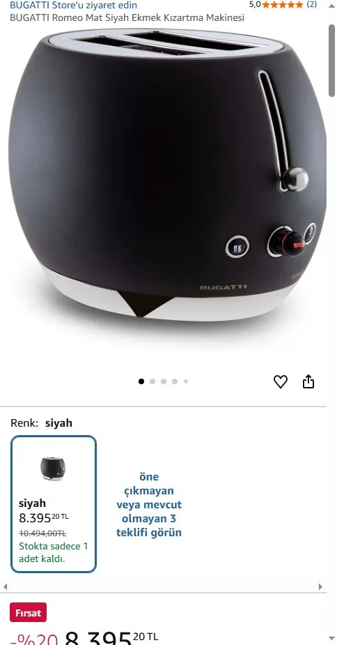 BUGATTI Romeo Mat Siyah Ekmek Kızartma Makinesi