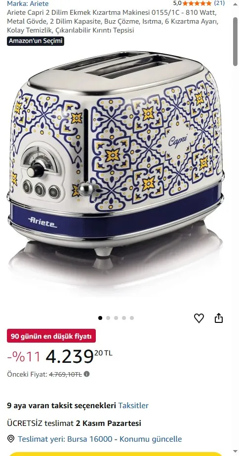 Ariete Capri 2 Dilim Ekmek Kızartma Makinesi 0155/1C - 810 Watt, Metal Gövde, 2 Dilim Kapasite, Buz Çözme, Isıtma, 6 Kızartma Ayarı, Kolay Temizlik, Çıkarılabilir Kırıntı Tepsisi