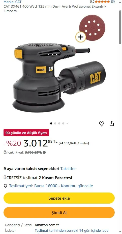 CAT DX461 400 Watt 125 mm Devir Ayarlı Profesyonel Eksantrik Zımpara