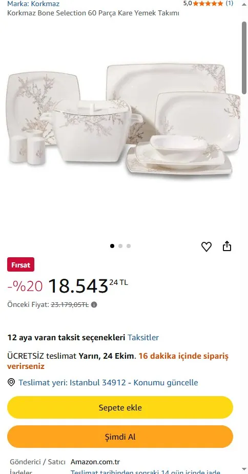 Korkmaz Bone Selection 60 Parça Kare Yemek Takımı