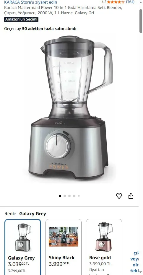 Karaca Mastermaid Power 10 In 1 Gıda Hazırlama Seti, Blender, Çırpıcı, Yoğurucu, 2000 W, 1 L Hazne, Galaxy Gri