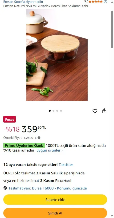 Emsan Naturel 950 ml Yuvarlak Borosilikat Saklama Kabı