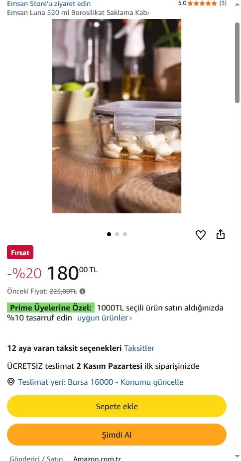 Emsan Luna 520 ml Borosilikat Saklama Kabı