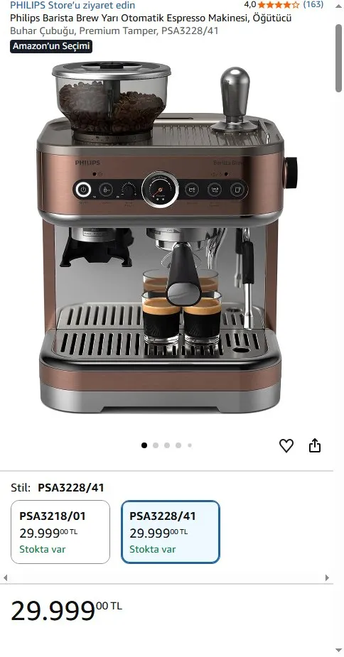 Philips Barista Brew Yarı Otomatik Espresso Makinesi, Öğütücü