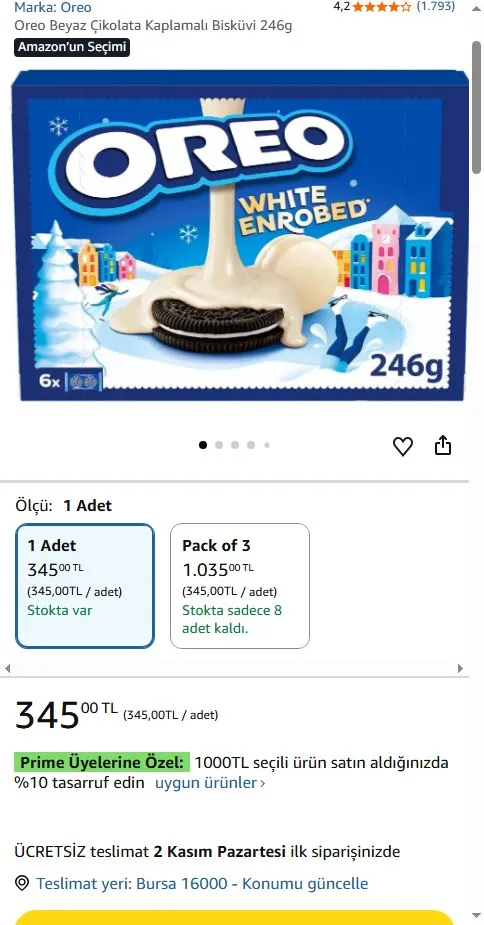 Oreo Beyaz Çikolata Kaplamalı Bisküvi 246g