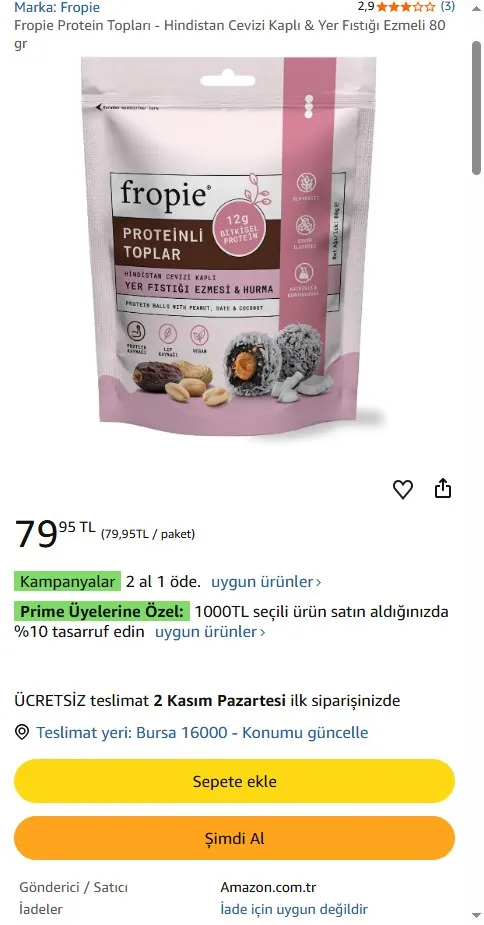 Fropie Protein Topları - Hindistan Cevizi Kaplı & Yer Fıstığı Ezmeli 80 gr