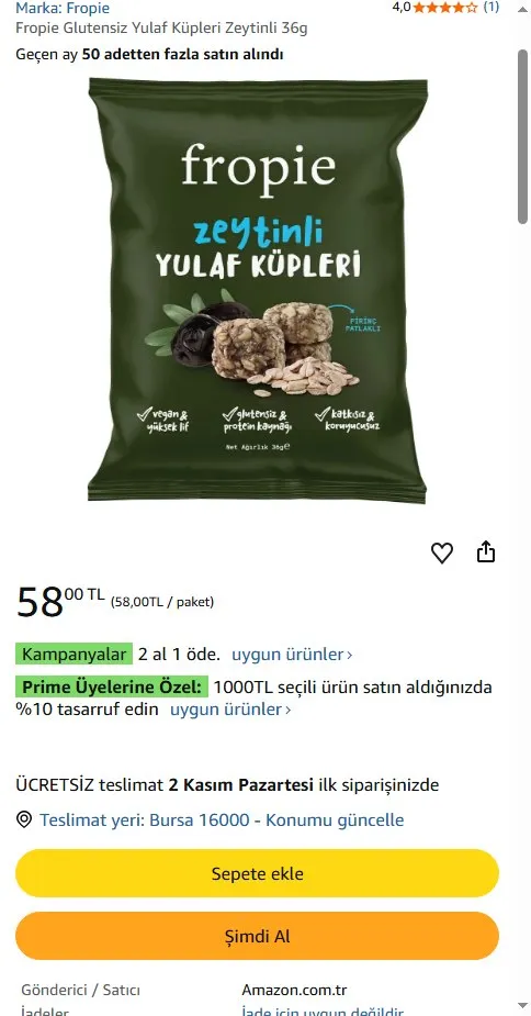 Fropie Glutensiz Yulaf Küpleri Zeytinli 36g