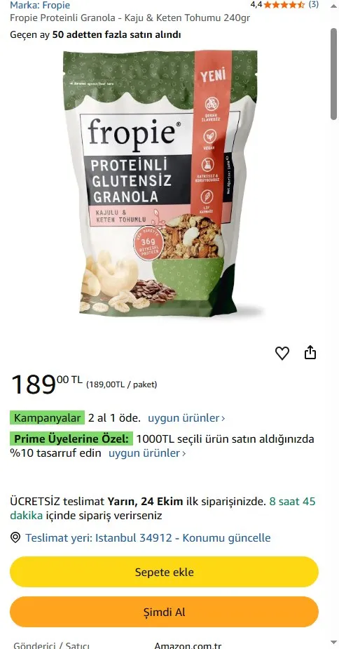 Fropie Proteinli Granola - Kaju & Keten Tohumu 240gr