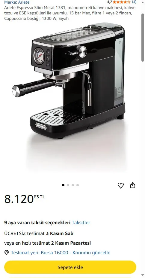 Ariete Espresso Slim Metal 1381, manometreli kahve makinesi, kahve tozu ve ESE kapsülleri ile uyumlu, 15 bar Max, filtre 1 veya 2 fincan, Cappuccino başlığı, 1300 W, Siyah