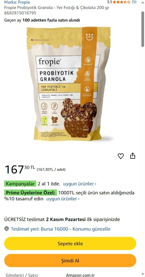Fropie Probiyotik Granola - Yer Fıstığı & Çikolata 200 gr 8682815018795