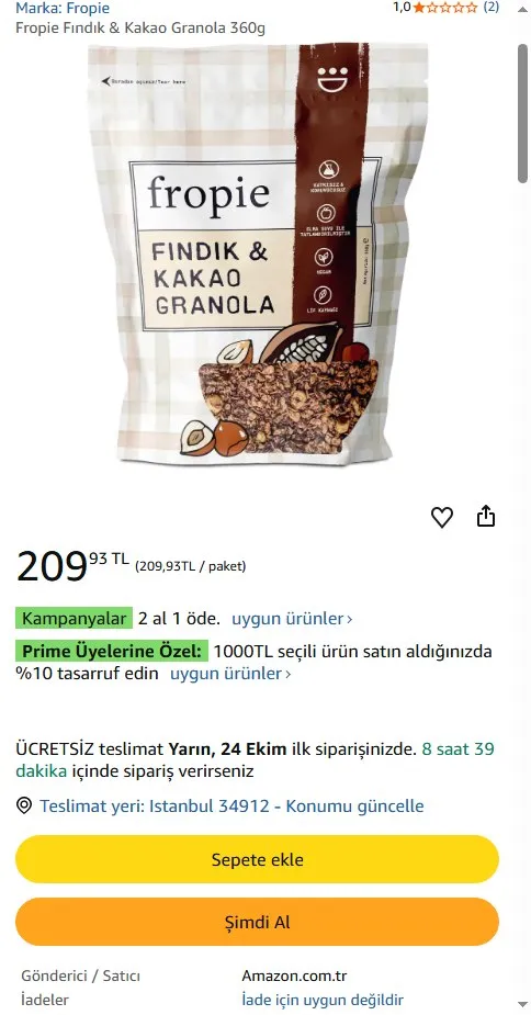 Fropie Fındık & Kakao Granola 360g