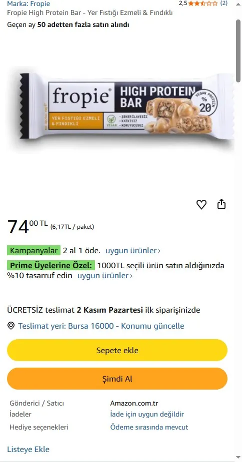 Fropie High Protein Bar - Yer Fıstığı Ezmeli & Fındıklı