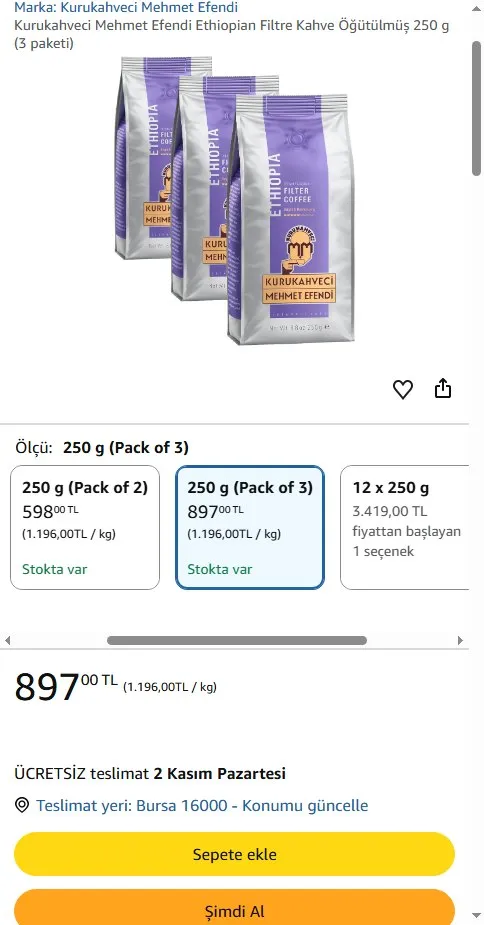 Kurukahveci Mehmet Efendi Ethiopian Filtre Kahve Öğütülmüş 250 g (3 paketi)