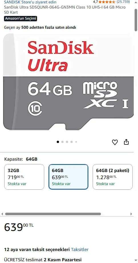 SanDisk Ultra SDSQUNR-064G-GN3MN Class 10 UHS-I 64 GB Micro SD Kart