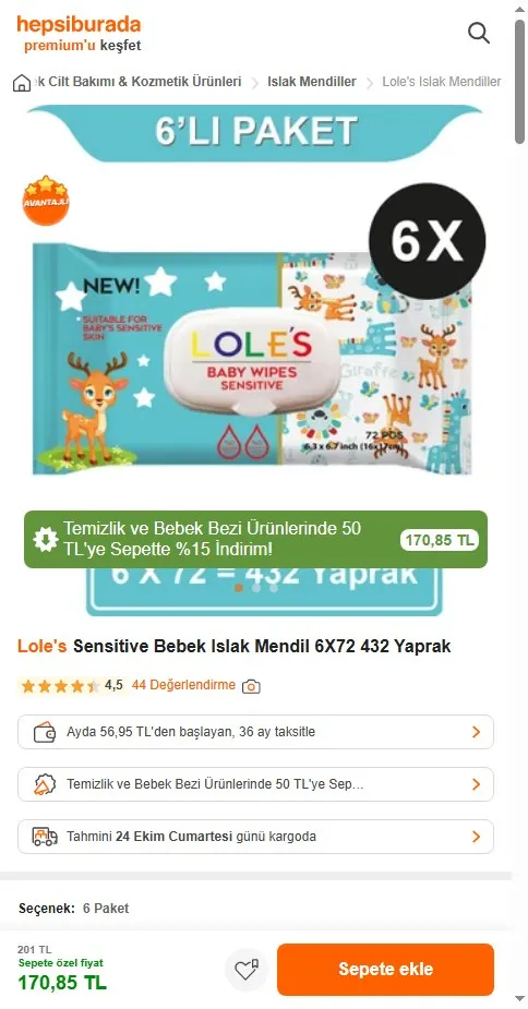 Lole's Sensitive Bebek Islak Mendil 6X72 432 Yaprak