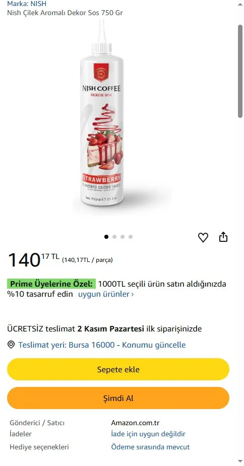 Nish Çilek Aromalı Dekor Sos 750 Gr