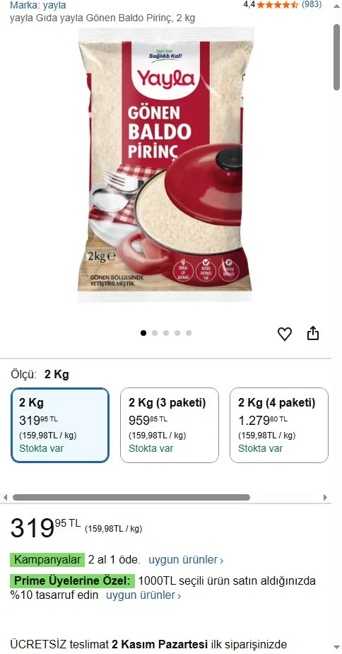 yayla Gıda yayla Gönen Baldo Pirinç, 2 kg