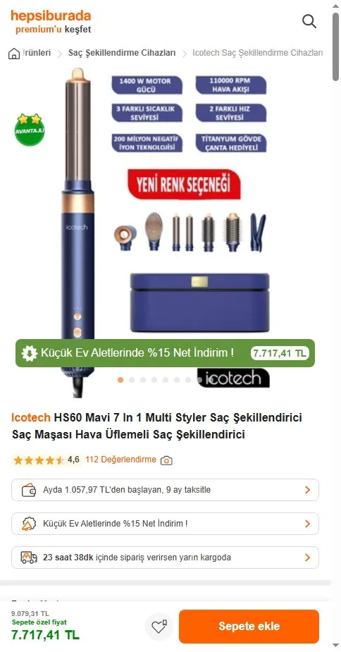 Icotech HS60 Mavi 7 In 1 Multi Styler Saç Şekillendirici Saç Maşası Hava Üflemeli Saç Şekillendirici