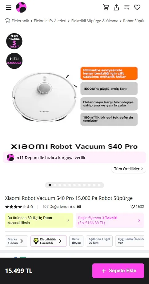 Xiaomi Robot Vacuum S40 Pro 15.000 Pa Robot Süpürge
