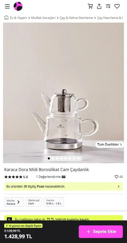 Karaca Dora Midi Borosilikat Cam Çaydanlık