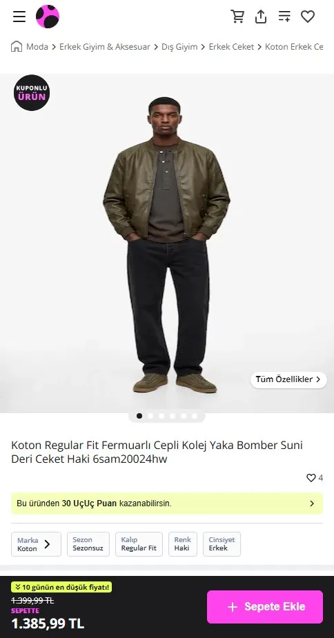 Koton Regular Fit Fermuarlı Cepli Kolej Yaka Bomber Suni Deri Ceket Haki 6sam20024hw
