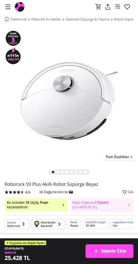 Roborock S9 Plus Akıllı Robot Süpürge Beyaz