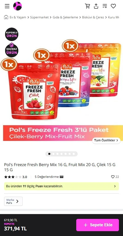 Pol's Freeze Fresh Berry Mix 16 G, Fruit Mix 20 G, Çilek 15 G 15 G