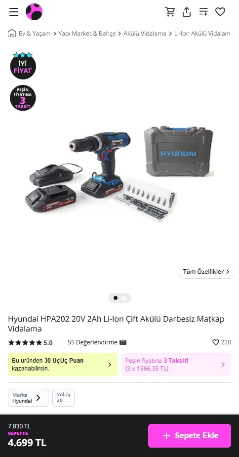 Hyundai HPA202 20V 2Ah Li-Ion Çift Akülü Darbesiz Matkap Vidalama