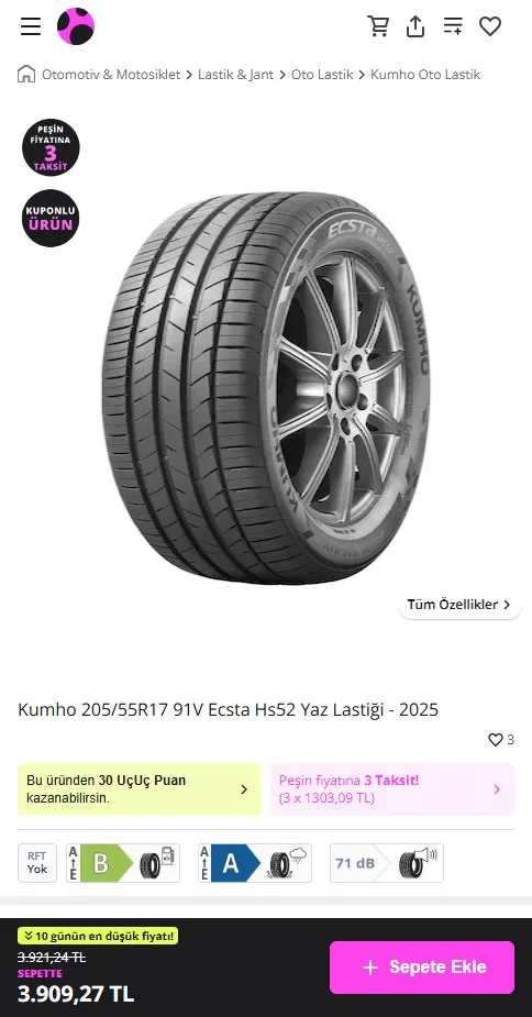 Kumho 205/55R17 91V Ecsta Hs52 Yaz Lastiği - 2025