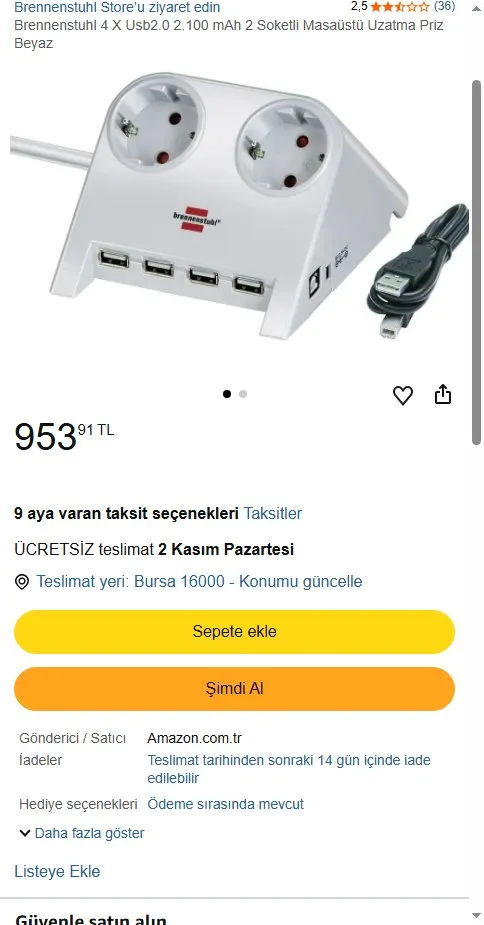 Brennenstuhl 4 X Usb2.0 2.100 mAh 2 Soketli Masaüstü Uzatma Priz Beyaz