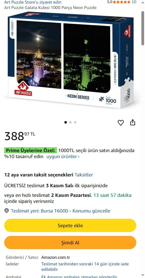 Art Puzzle Galata Kulesi 1000 Parça Neon Puzzle