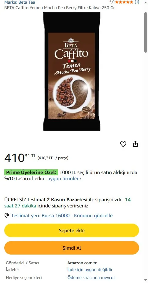 BETA Caffito Yemen Mocha Pea Berry Filtre Kahve 250 Gr