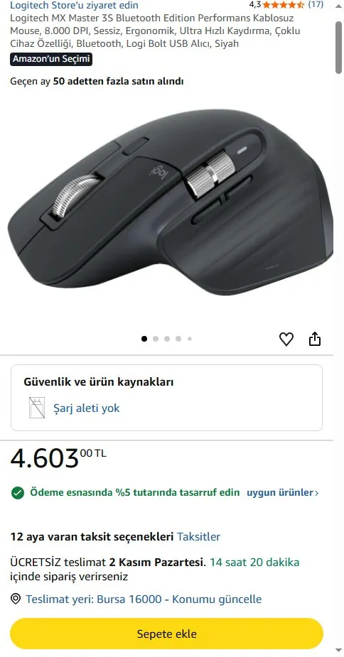 Logitech MX Master 3S Bluetooth Edition Performans Kablosuz Mouse, 8.000 DPI, Sessiz, Ergonomik, Ultra Hızlı Kaydırma, Çoklu Cihaz Özelliği, Bluetooth, Logi Bolt USB Alıcı, Siyah