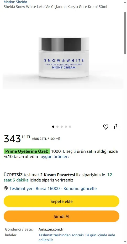 Sheida Snow White Leke Ve Yaşlanma Karşıtı Gece Kremi 50ml