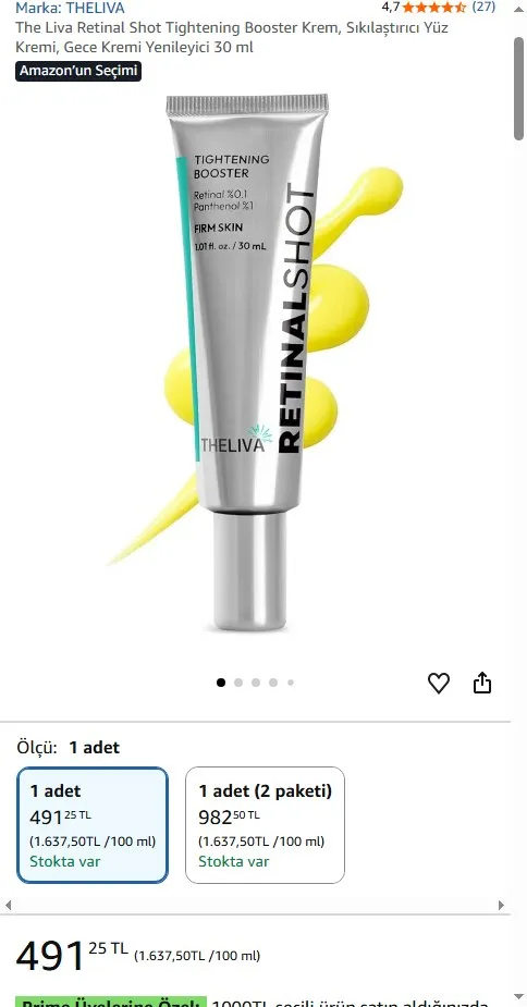 The Liva Retinal Shot Tightening Booster Krem, Sıkılaştırıcı Yüz Kremi, Gece Kremi Yenileyici 30 ml