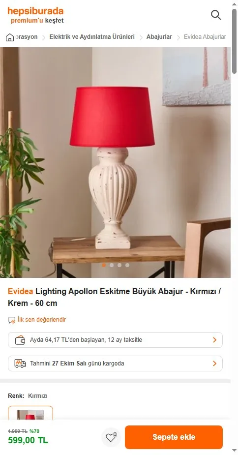 Evidea Lighting Apollon Eskitme Büyük Abajur - Kırmızı / Krem - 60 cm