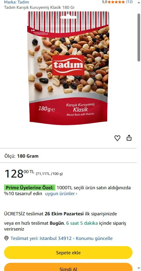Tadım Karışık Kuruyemiş Klasik 180 Gr