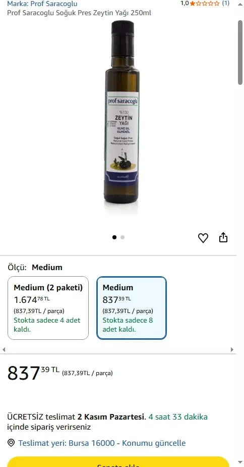 Prof Saracoglu Soğuk Pres Zeytin Yağı 250ml