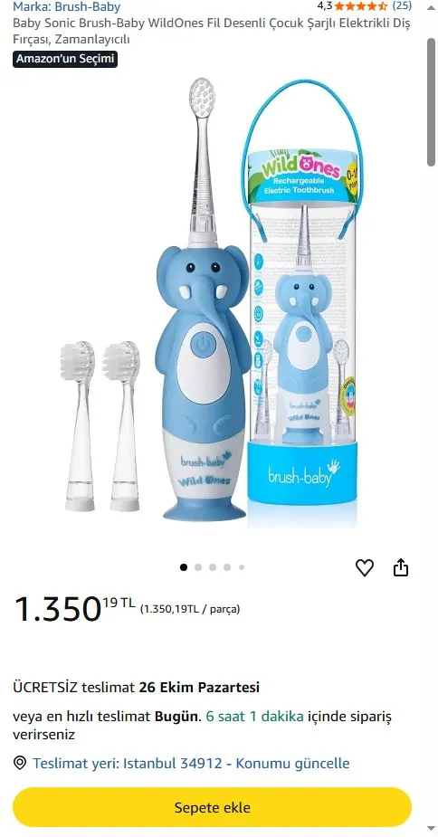 Baby Sonic Brush-Baby WildOnes Fil Desenli Çocuk Şarjlı Elektrikli Diş Fırçası, Zamanlayıcılı