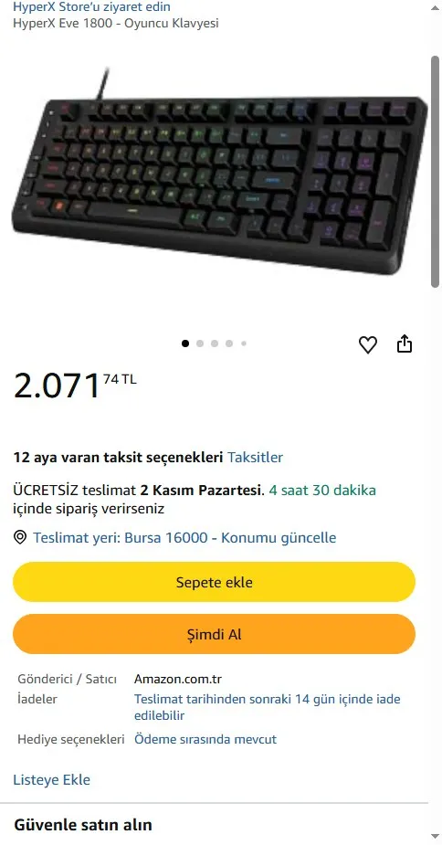HyperX Eve 1800 - Oyuncu Klavyesi