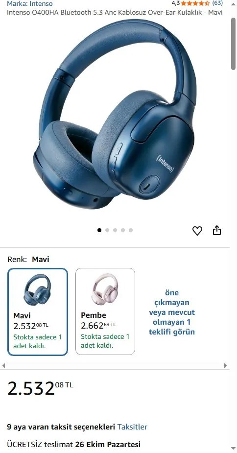 Intenso O400HA Bluetooth 5.3 Anc Kablosuz Over-Ear Kulaklık - Mavi
