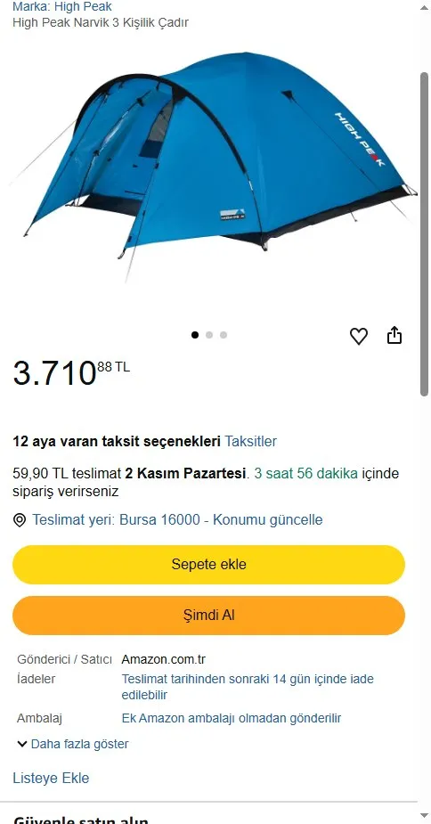 High Peak Narvik 3 Kişilik Çadır