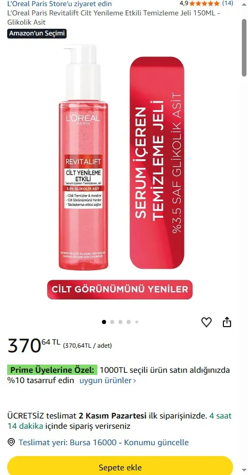 L'Oreal Paris Revitalift Cilt Yenileme Etkili Temizleme Jeli 150ML - Glikolik Asit