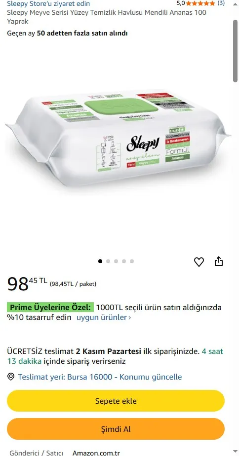 Sleepy Meyve Serisi Yüzey Temizlik Havlusu Mendili Ananas 100 Yaprak